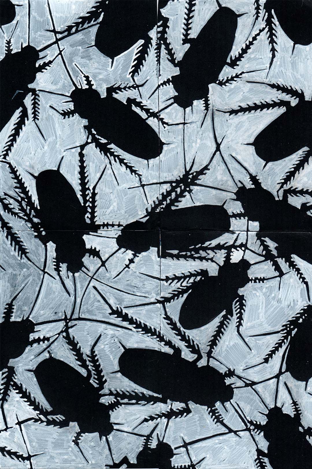 Black silhouettes of cockroaches, a lot of them in a pattern. White ink on black paper.