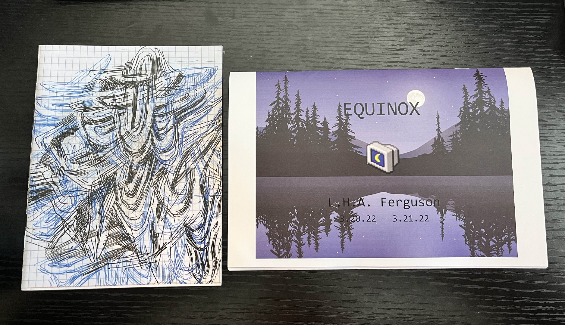 Two zines, the one on the left has an illustrative color and no title, and the one on the right has an illustration of a lake at night with a computer icon in the center and the title Equinox.