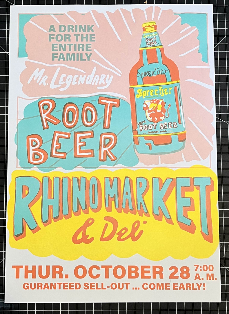 Pink, blue, and yellow screen-printed poster with an illustration of root beer and an advertisement for Rhino Market and Deli