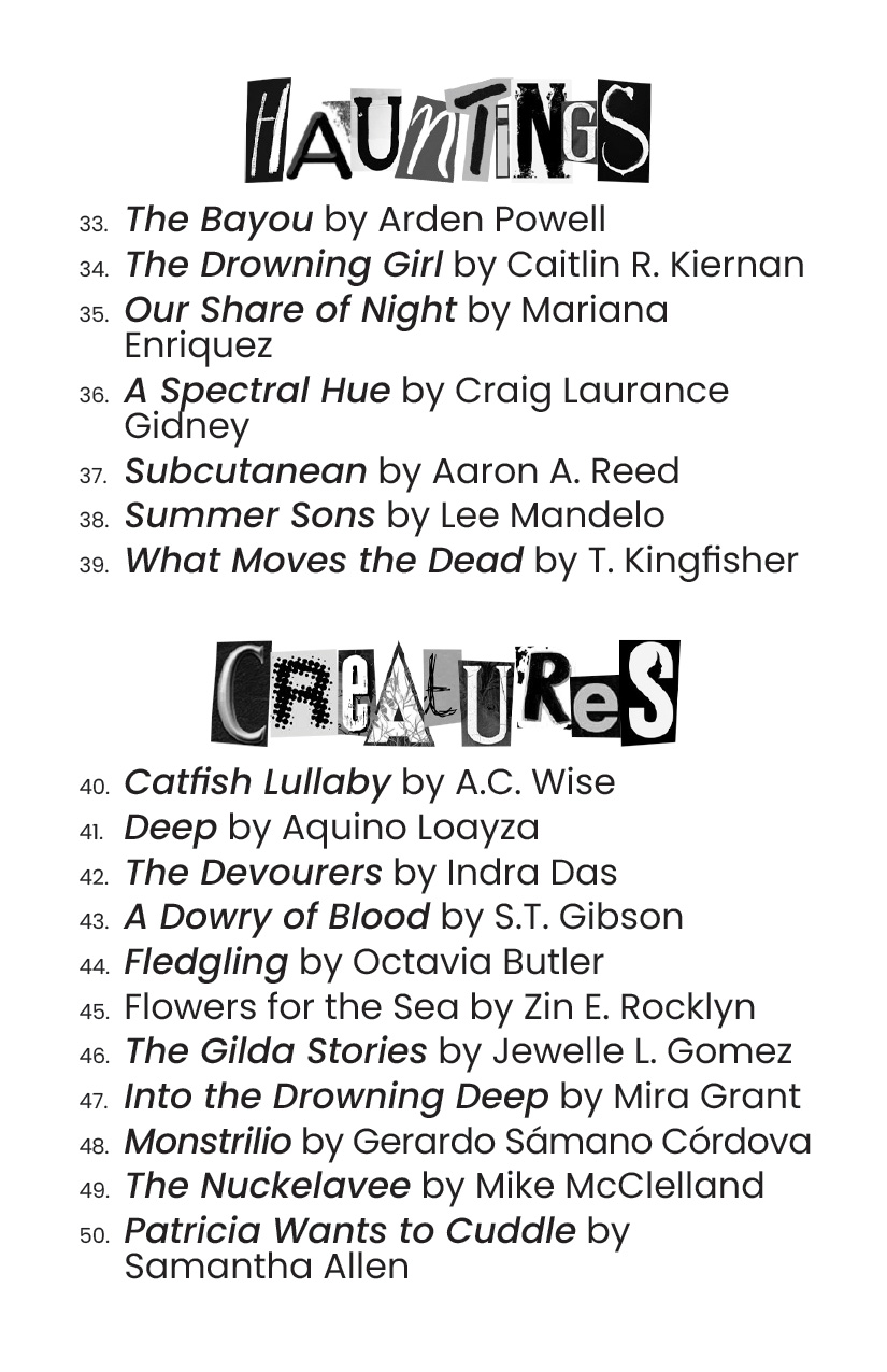 Subgenre is Hauntings, books are: The Bayou by Powell, The Drowning Girl by Kiernan, Our Share of Night by Enriquez, A Spectral Hue by Gidney, Subcutanean by Reed, Summer Sons by Mandelo, and What Moves the Dead by Kingfisher. Subgenre is Creatures, books are: Catfish Lullaby by Wise, Deep by Loayza, The Devourers by Das, A Dowry of Blood by Gibson, Fledgling by Butler, Flowers for the Sea by Rocklyn, The Gilda Stories by Gomez, Into the Drowning Deep by Grant, Monstrilio by Cordova, The Nuckalavee by McClelland, and Patricia Wants to Cuddle by Allen.