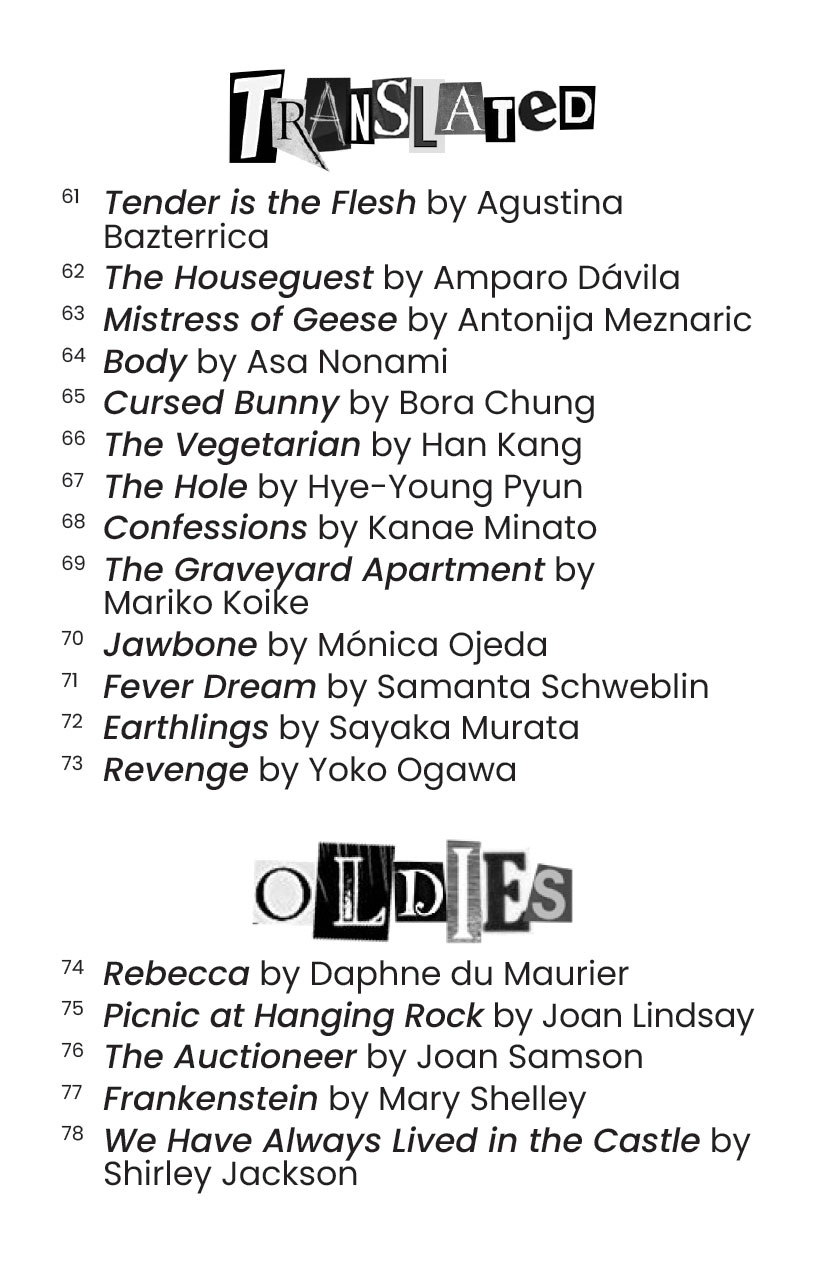 Subgenre is Translated, books are: Tender is the Flesh by Bazterrica, The Houseguest by Davila, Mistress of Geese by Meznaric, Body by Nonami, Cursed Bunny by Chung, The Vegetarian by Kang, The Hole by Pyun, Confessions by Minato, The Graveyard Apartment by Koike, Jawbone by Ojeda, Fever Dream by Schweblin, Earthlings by Murata, and Revenge by Ogawa. Subgenre is Oldies, books are: Rebecca by du Maurier, Picnic at Hanging Rock by Lindsay, The Auctioneer by Samson, Frankenstein by Shelley, We Have Always Lived in the Castle by Jackson.